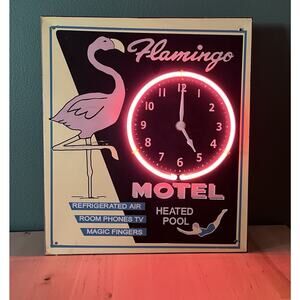 Flamingo Motel Neon Wall Clock Sign Decor Americana Kitsch Vibrant Unique Rare